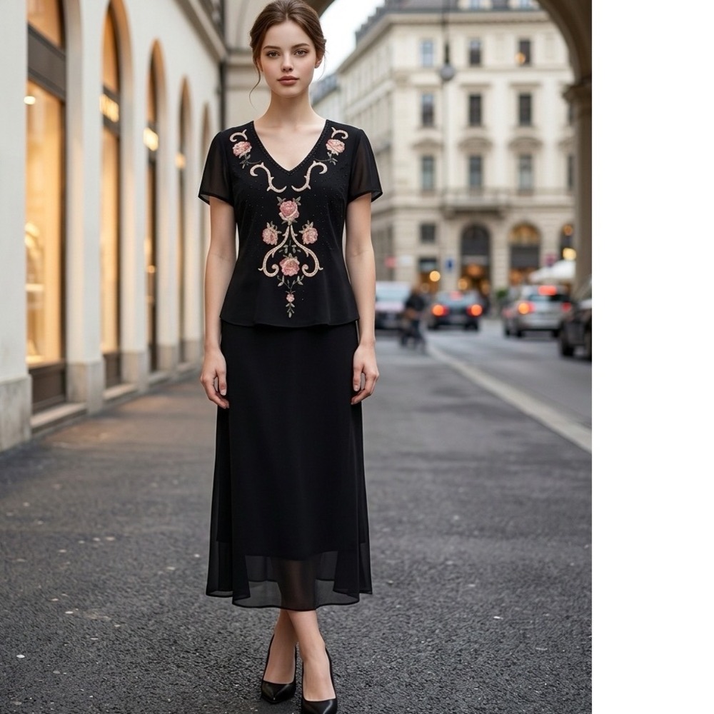 Positive Attitude Black Floral Embroidered Beaded Midi Dress Set Size 6